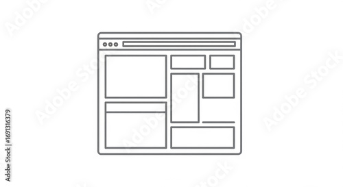 Minimalist Website Wireframe Layout in Browser Window, Isolated transparent background