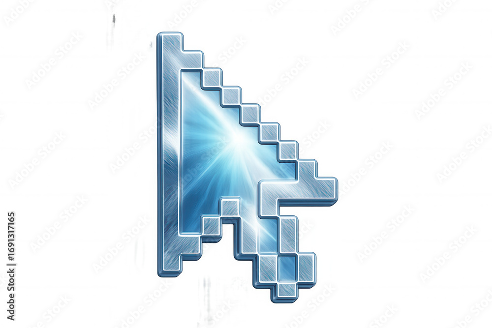 Fototapeta premium Glowing metallic pixel cursor clicking, light flare illuminating transparent digital surface