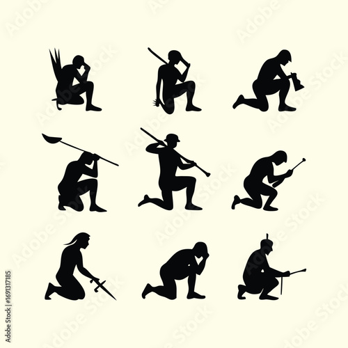 nine black silhouettes set hunting  of warriors in various kneeling poses holding weapons
