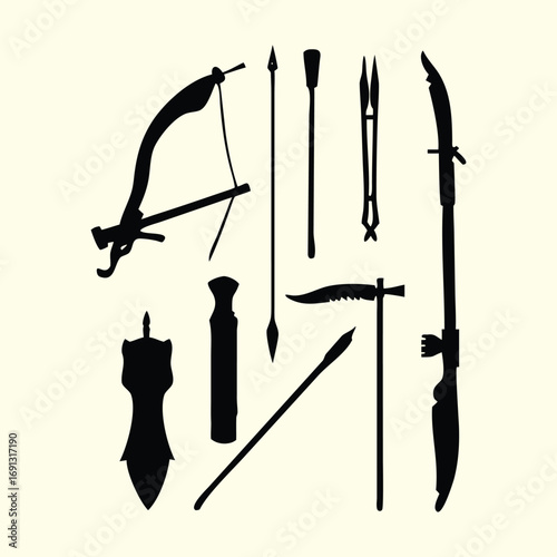 Collection of ancient hunting and warfare weapons including bows arrows and swords silhouette