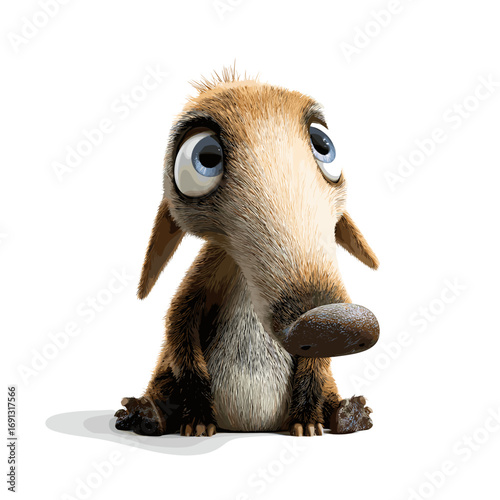 An adorable cartoon creature with a long nose, big eyes, and sitting pose. The creature looks cute and innocent