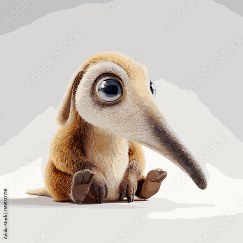 An adorable creature sitting in a snowy landscape, with big, expressive eyes and a long snout. It embodies cuteness and innocence, drawing viewers in