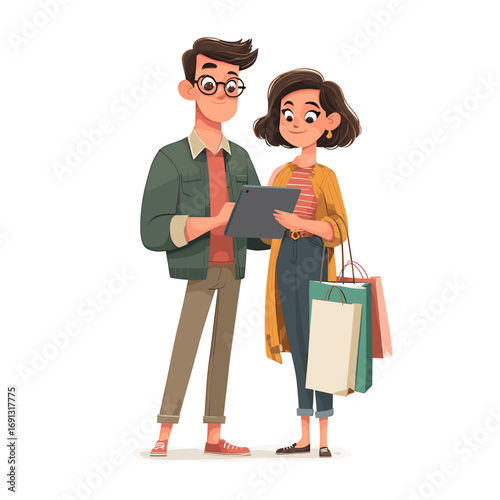 A couple looking at a digital tablet after shopping with shopping bags. The couple are discussing something happily, representing a lifestyle