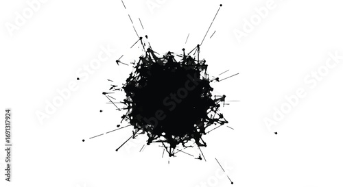 Abstract network of interconnected lines and dots forming a complex, dark central mass against a white background.