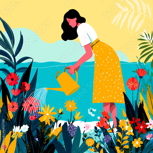 A woman tending to her beautiful flower garden with a watering can, bathed in sunshine