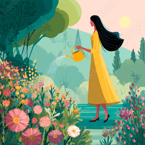A woman tending a colorful flower garden, watering the plants with a yellow watering can. The scene is peaceful and serene, with lush greenery in the background.