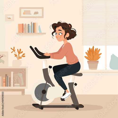 A woman happily riding an exercise bike at home. She is focused and enjoying her workout