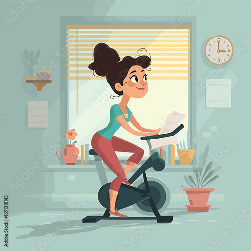 A woman indoor cycling near the window