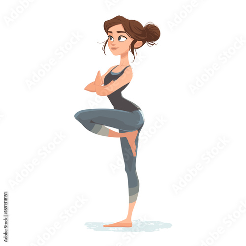 A cartoon illustration of a woman practicing yoga in the tree pose, showcasing balance, fitness, and inner peace