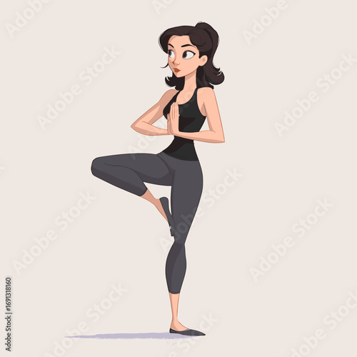 A woman practicing yoga, gracefully balancing in the tree pose 