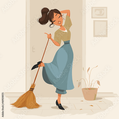 A woman happily dancing while cleaning a room with a broom