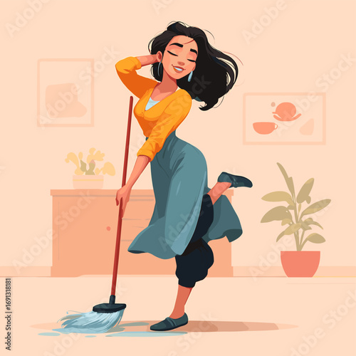 A woman cleaning with a mop, smiling, and enjoying her housework.  She is wearing a top, a skirt, and shoes.  The room is well-lit with a nice ambiance. 