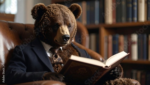 A distinguished, anthropomorphic brown bear, smartly dressed in a suit and tie, engrossed in reading an ornate book while relaxing in a leather armchair within a well-stocked library