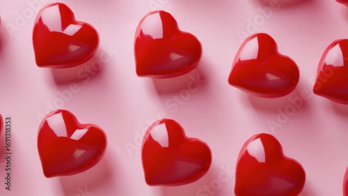 A bunch of red heart shaped candies on a pink background. These sweet treats are perfect for celebrating love or Valentine's Day.