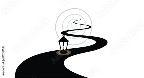 A winding path illuminated by a single lantern leads towards a distant, abstract light.