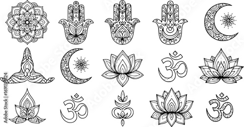 Outline Collection of Abstract Yoga Symbols with Mandala, Hamsa, Moon, Lotus and Om. Indian Linear Yoga Vector Illustrations for Cards, Prints, Packaging, Posters and Tattoos