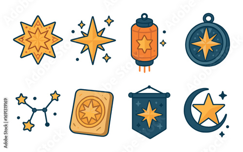 Star patterns flat icon set. featuring compass, constellations, stars, banners, and lantern symbols.