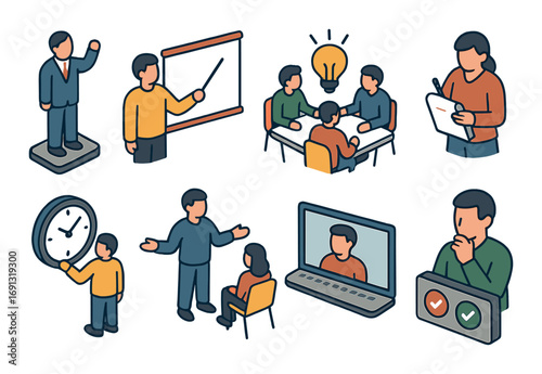 Business meeting flat icon set. featuring presentation, discussion, brainstorming, deadline, review, video call symbols.