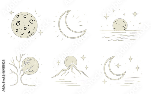 Night elements linear icon set. featuring moon, stars, ocean, tree silhouette, mountain, and crescent.