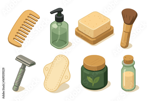 Personal care flat icon set. featuring comb, soap dispenser, soap, brush, razor, pad, cream jar, bottle.