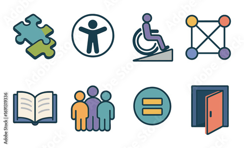 Accessibility flat icon set. featuring puzzle, wheelchair, connections, book, group, equal, door symbols.