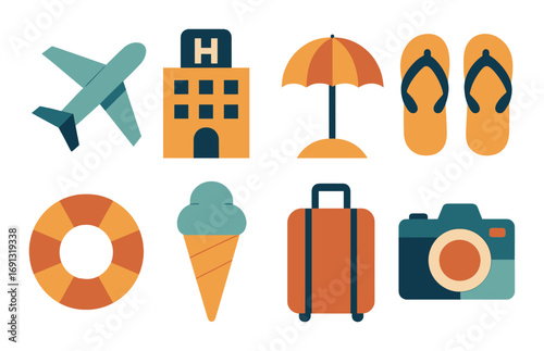 Travel and leisure flat icon set. featuring airplane, hotel, umbrella, flip-flops, lifebuoy, ice cream, suitcase, camera icons.
