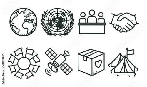 Global relations linear icon set. featuring globe, un, conference, handshake, diplomacy, satellite, delivery, and tent.