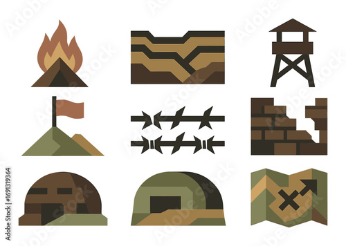 Military base silhouette icon set. featuring fire, trench, watchtower, flag, barbed wire, wall, bunker, shelter, and map symbols.