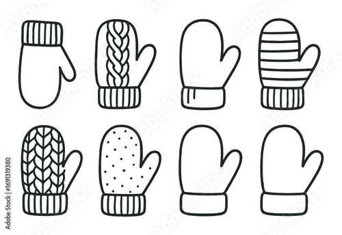 Winter mittens linear icons set. featuring knitted, striped, dotted, plain, textured, and patterned mittens..
