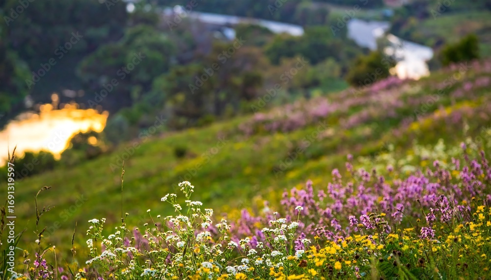 Obraz premium Colorful wildflowers on a hillside at sunset