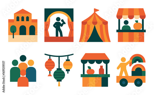 Festival flat icons set. featuring theater, tent, market, lanterns, and community symbols..