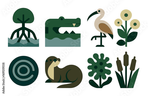 Wetlands wildlife flat icon set. featuring tree, crocodile, bird, flower, otter, plant symbols.