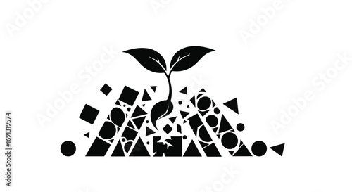 Sprouting plant growing from abstract geometric shapes symbolizing growth and new beginnings