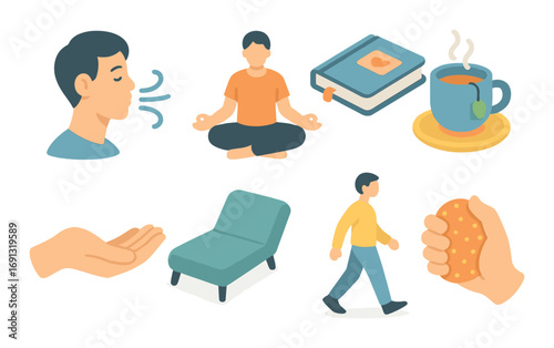 Relaxation and well-being flat icon set. featuring meditation, book, tea, breathing, resting.