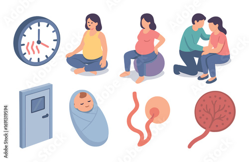 Pregnancy and childbirth flat icon set. featuring childbirth, pregnancy, consultation, infant, placenta, umbilical cord.