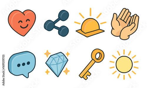Wellness and positivity flat icon set. featuring heart, share, sunset, hands, chat, diamond, key, sunshine.