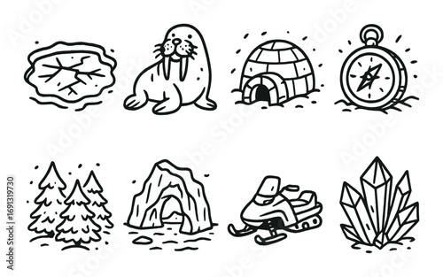 Winter adventure linear icon set. featuring lake, walrus, igloo, compass, forest, cave, snowmobile, and crystals.