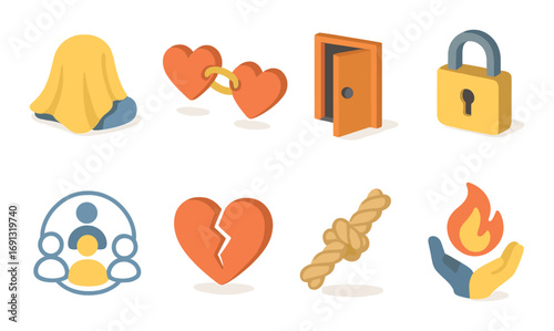 Emotion and relationship flat icon set. featuring sadness, love, mystery, and support symbols.