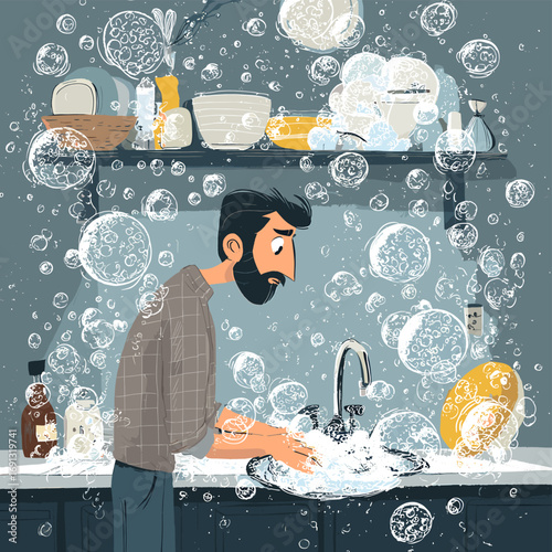 A Man Cleaning a Kitchen Sink with Lots of Soap Bubbles