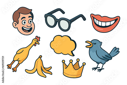 Communication and emotion flat icon set. featuring face, glasses, lips, chicken, banana, speech bubble, crown, and bird symbols.