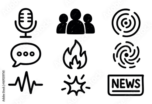 Media and communication silhouette icon set. featuring microphone, team, broadcast, chat, fire, pulse, explosion, news symbols.