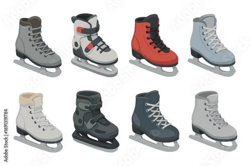 Ice skating equipment flat icon set. featuring skates, boots, laces, and blade designs.