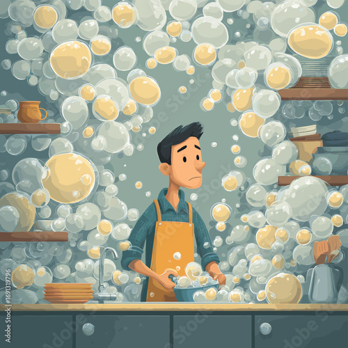 A man surrounded by soapy bubbles is washing dishes