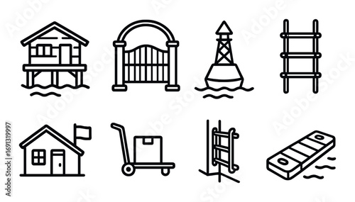 Nautical linear icons set. featuring stilts house, gate, buoy, ladder, house, dolly, rope ladder, floating pier.