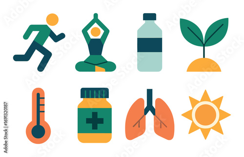 Health and wellness flat icon set. featuring running, yoga, water bottle, plant, thermometer, medicine, lungs, sun.