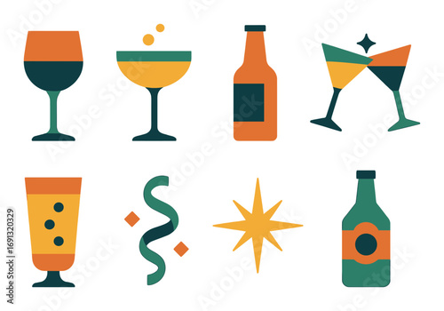 Beverage flat icon set. featuring wine glass, cocktail, beer, champagne, shot glass, drink mix, star, sauce bottle.