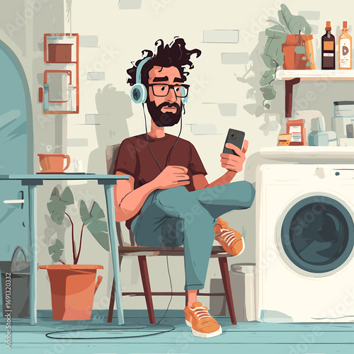 A man sitting and listening music while enjoying free time in his house