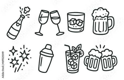 Celebration drinks linear icon set. featuring champagne, wine glasses, whiskey, beer, fireworks, cocktail, and shaker.