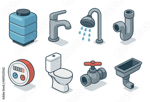 Plumbing isometric icon set. featuring tank, faucet, shower, pipe, meter, toilet, valve, and gutter symbols..