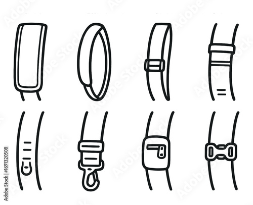 Pet accessories linear icon set. featuring collars, leashes, harnesses, and tags symbols.